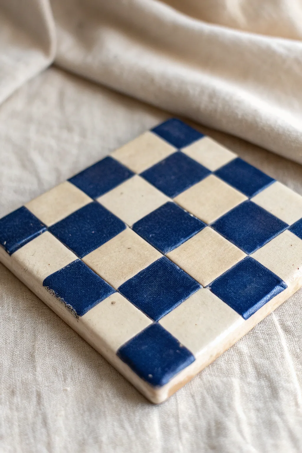 Classic checkerboard coaster tile in bold cobalt and ivory, simple, modern, and handmade.