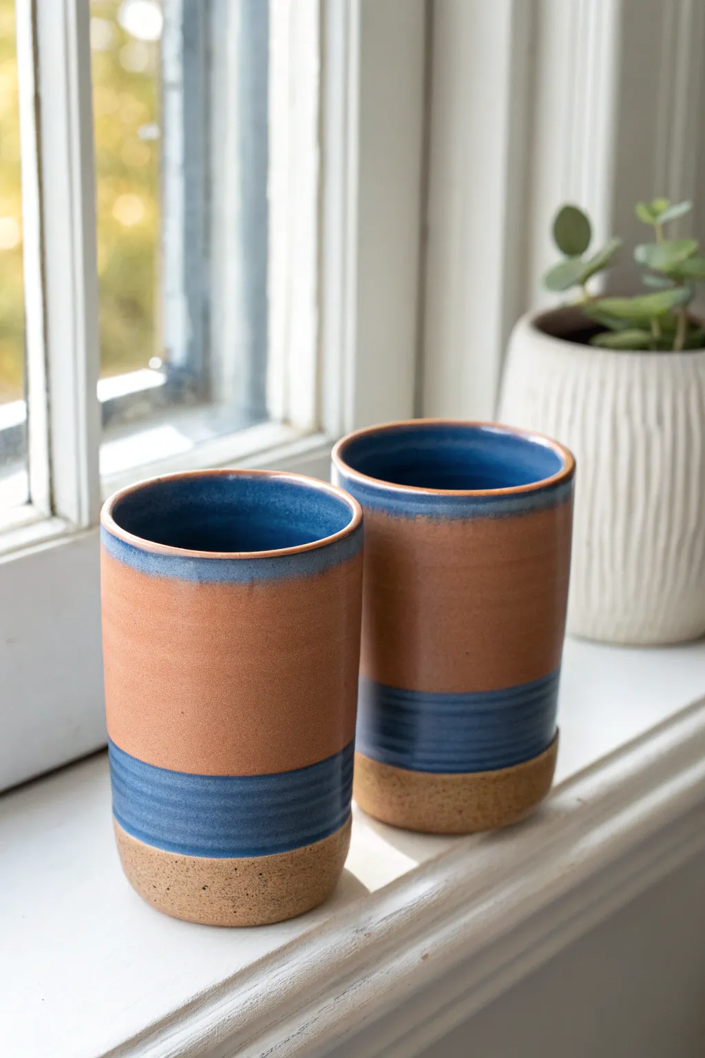 Two-tone wheel-thrown tumblers: matte terracotta outside, glossy cobalt inside.