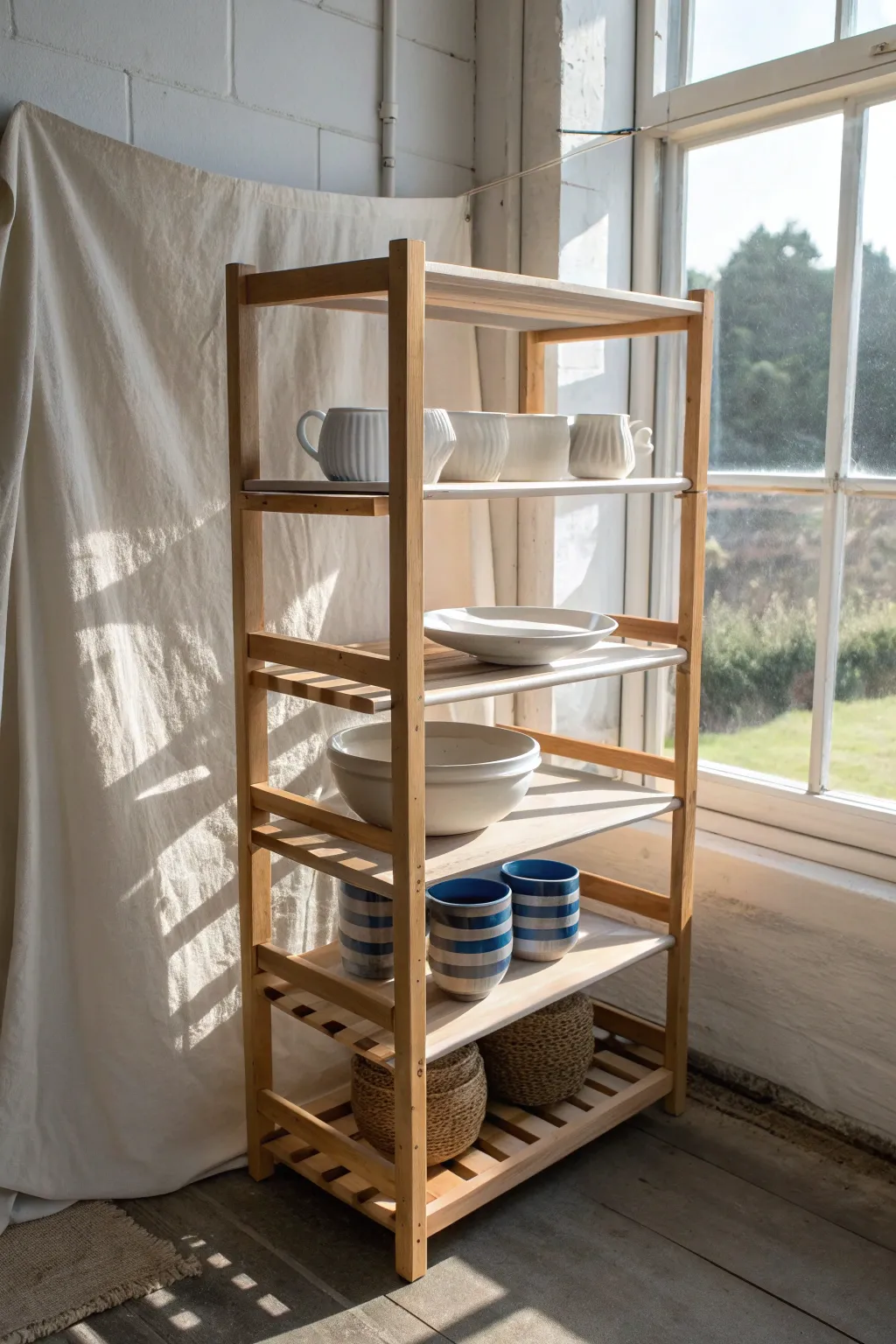 Open drying shelves with ware boards keep bowls and mugs airy, organized, and beautifully on display.
