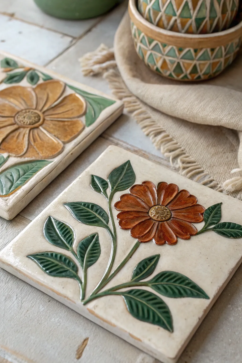 Glossy bas-relief floral statement tile with two accents, Scandinavian minimal with boho color pop.