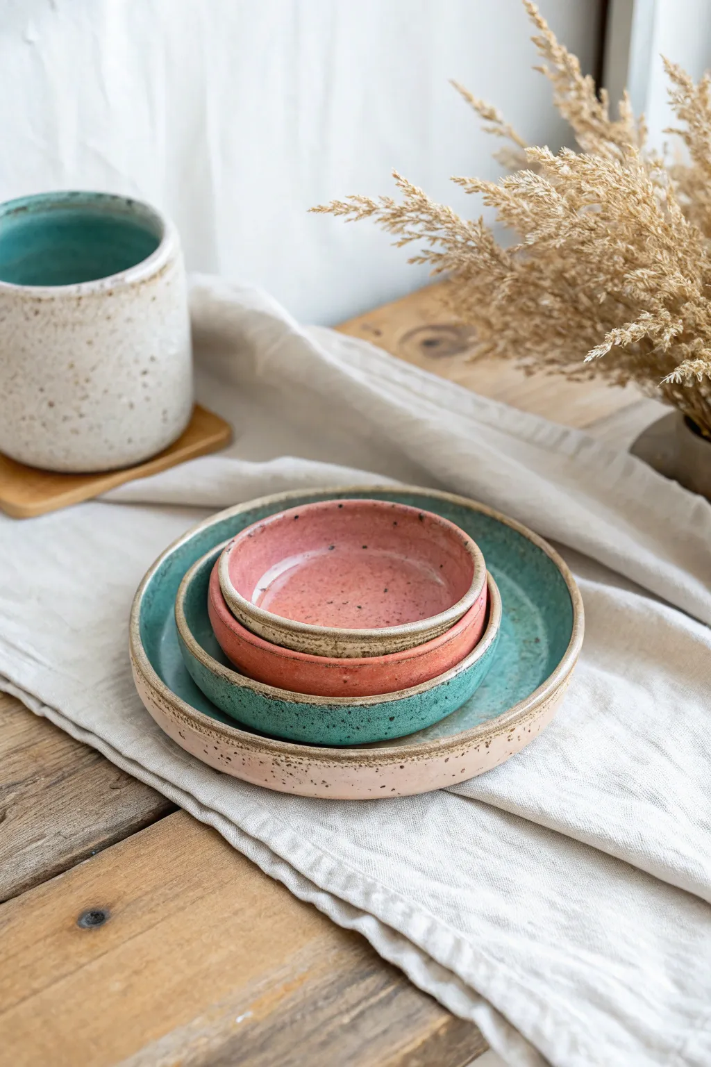 Nesting mini pottery trays in bold earthy tones, perfect for jewelry, keys, and rituals.
