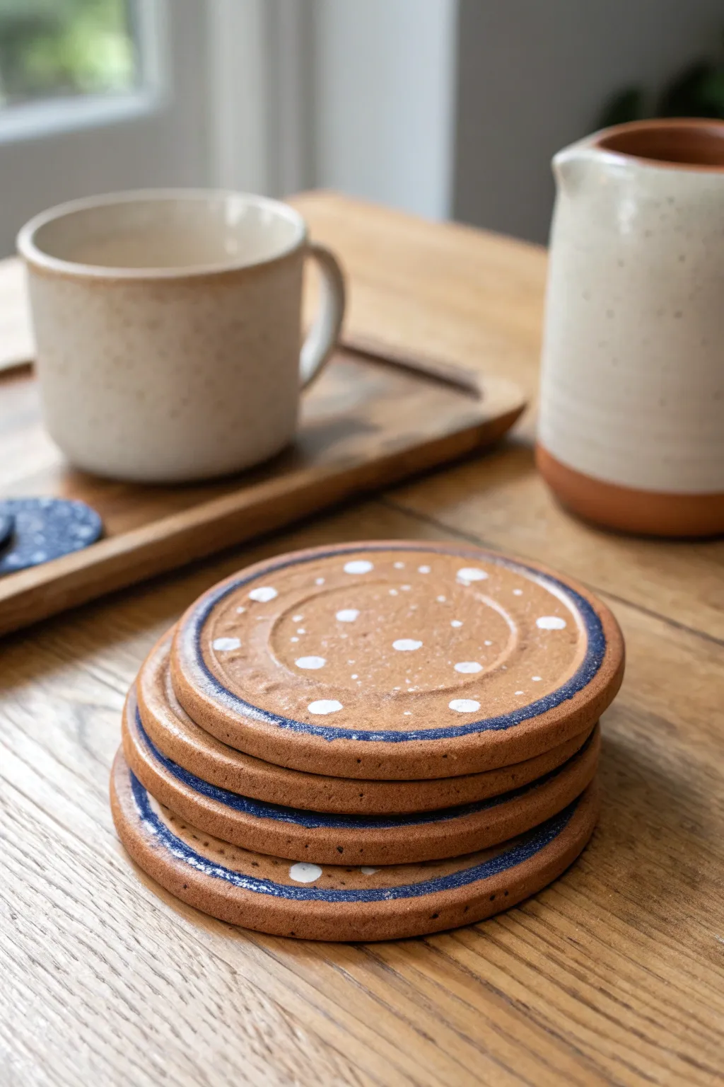 Textured clay coasters stacked neatly—minimal, handmade charm with a bold pop of color.