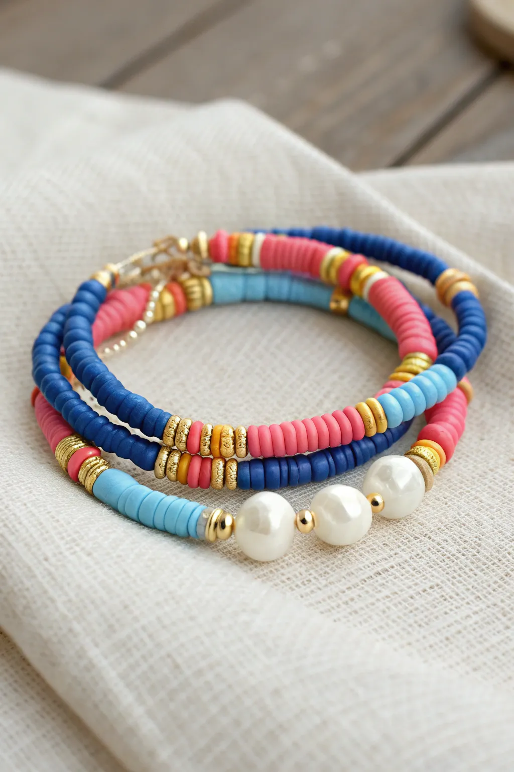 Preppy coastal charm: bright clay disc beads mixed with irregular freshwater pearls on linen.