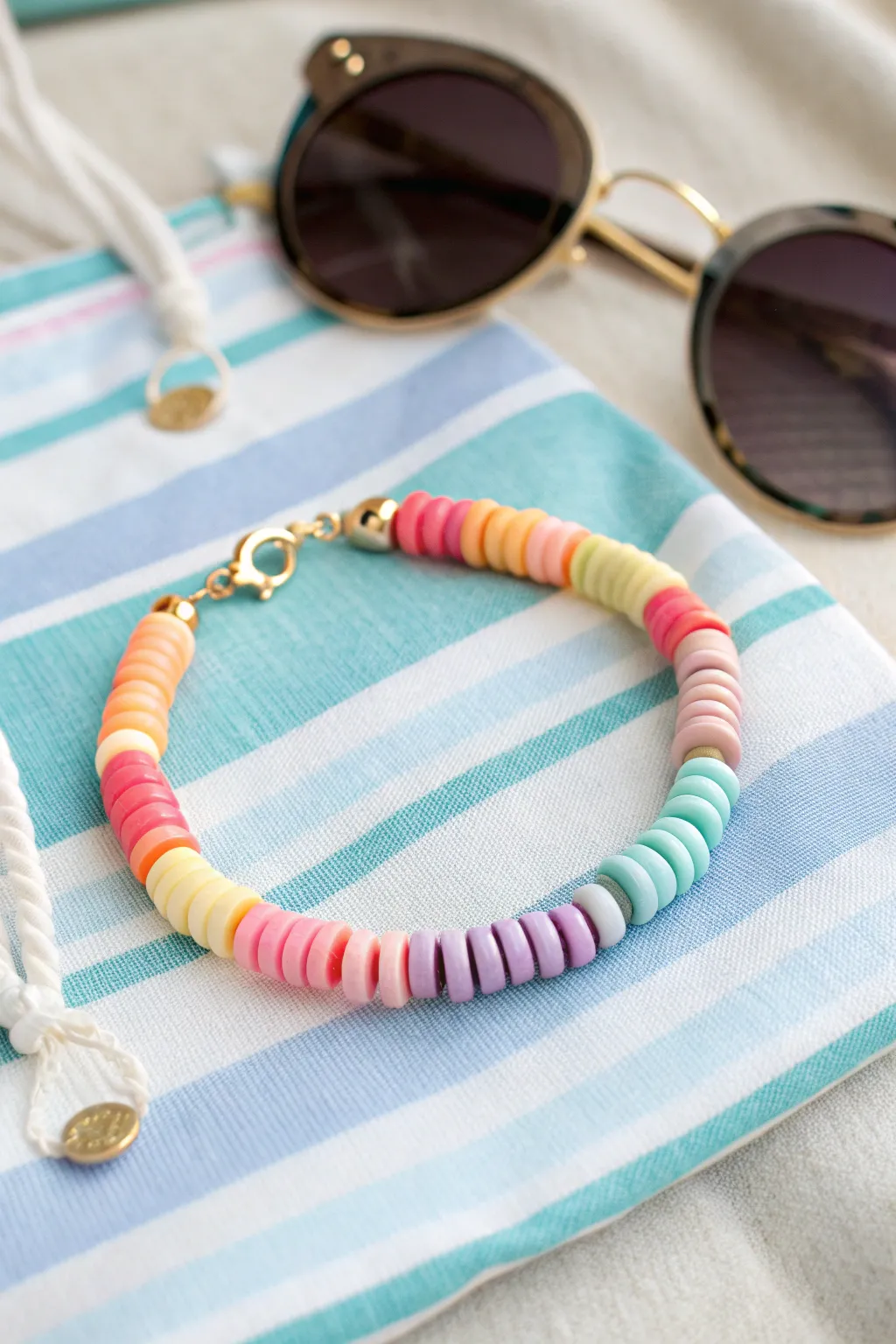 Preppy rainbow clay disc bracelet in a pink to purple gradient, styled for bright beach vibes.