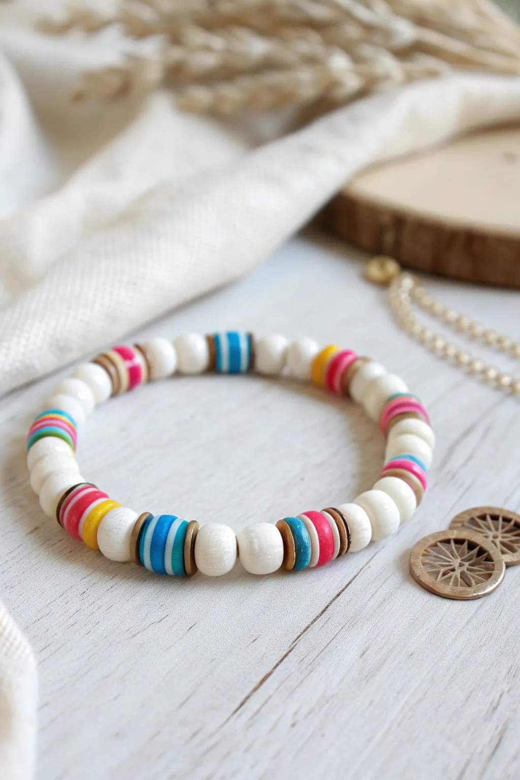 White clay disc bracelet with bold mini stripes, preppy pop colors in a minimalist stack