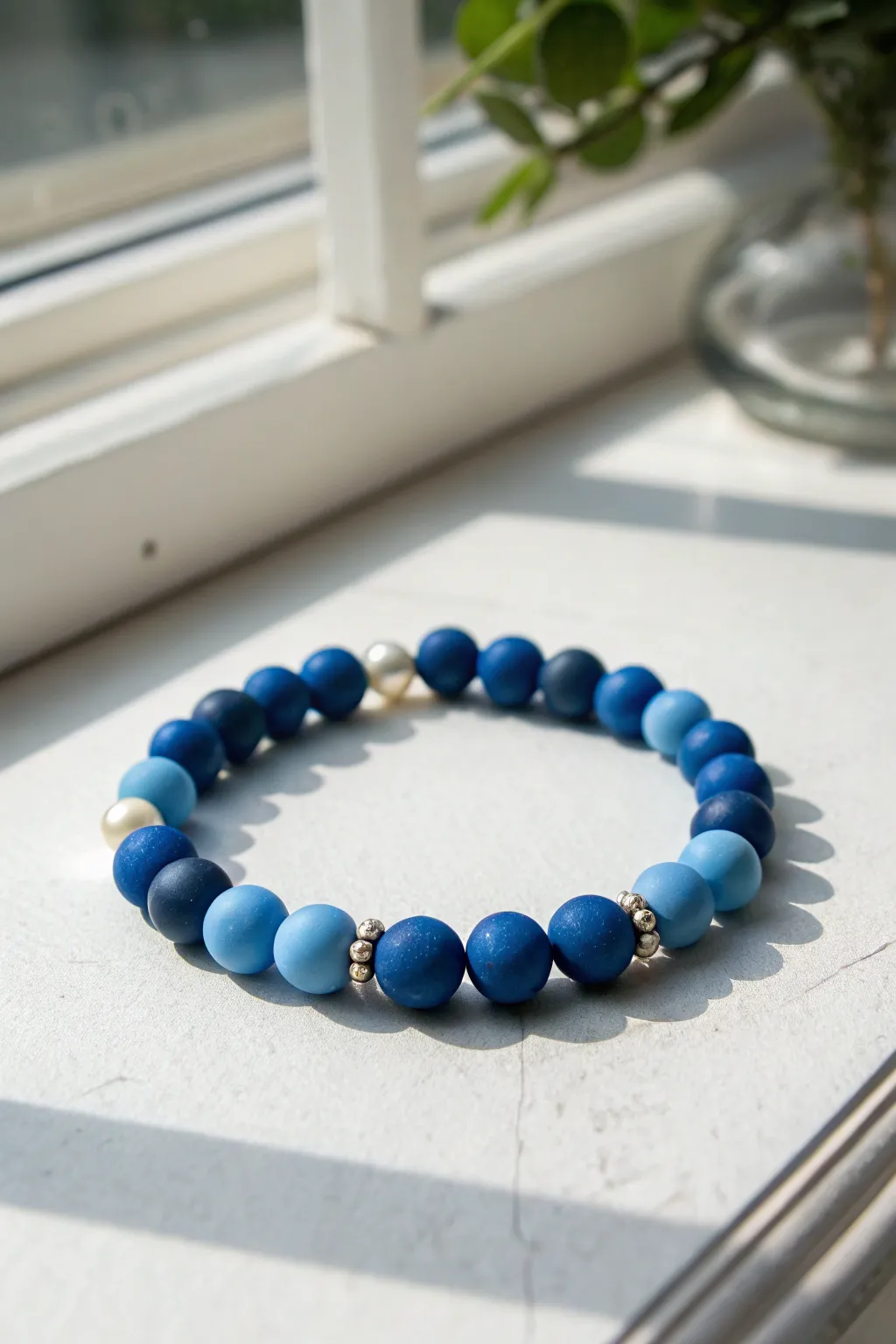 Preppy blue clay bead bracelet with pearl accents, crisp on white for modern boho charm.