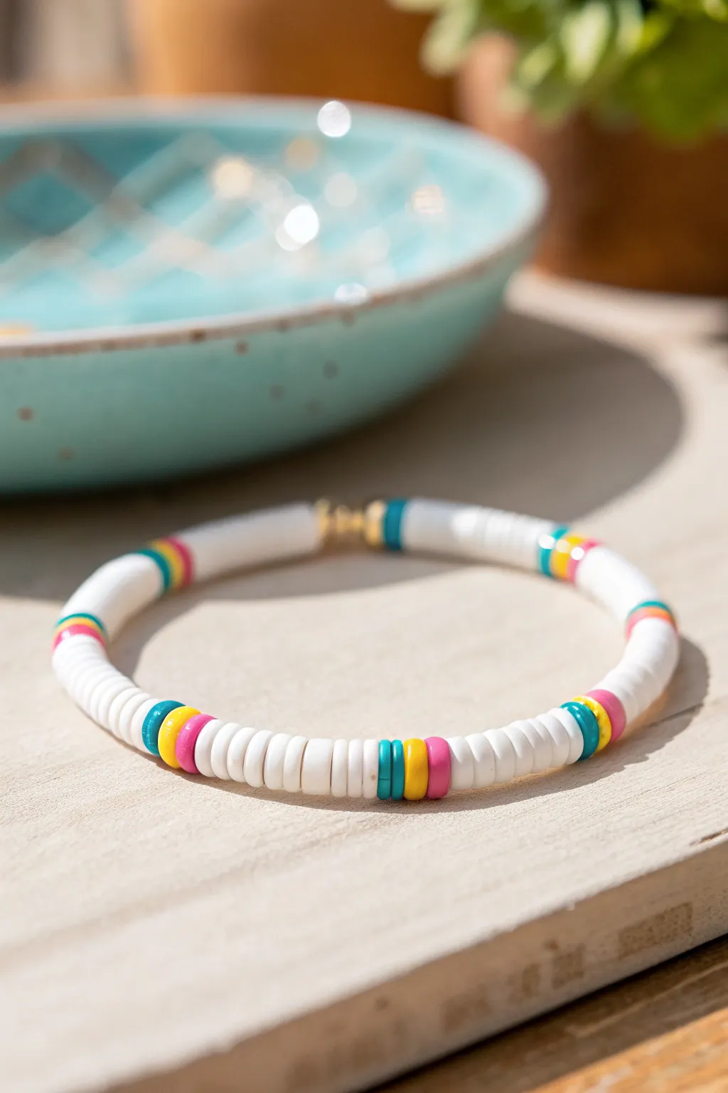 Crisp white heishi bracelet with neat teal, pink, and yellow micro-stripes for preppy polish.