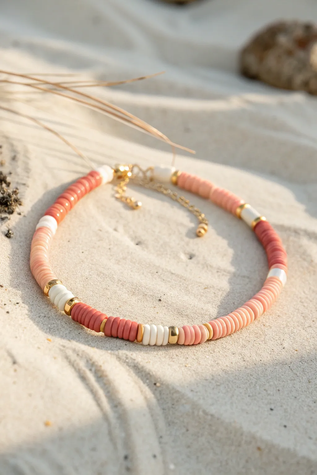 Sunset ombre heishi bracelet in coral-to-cream gradient with minimal gold accents