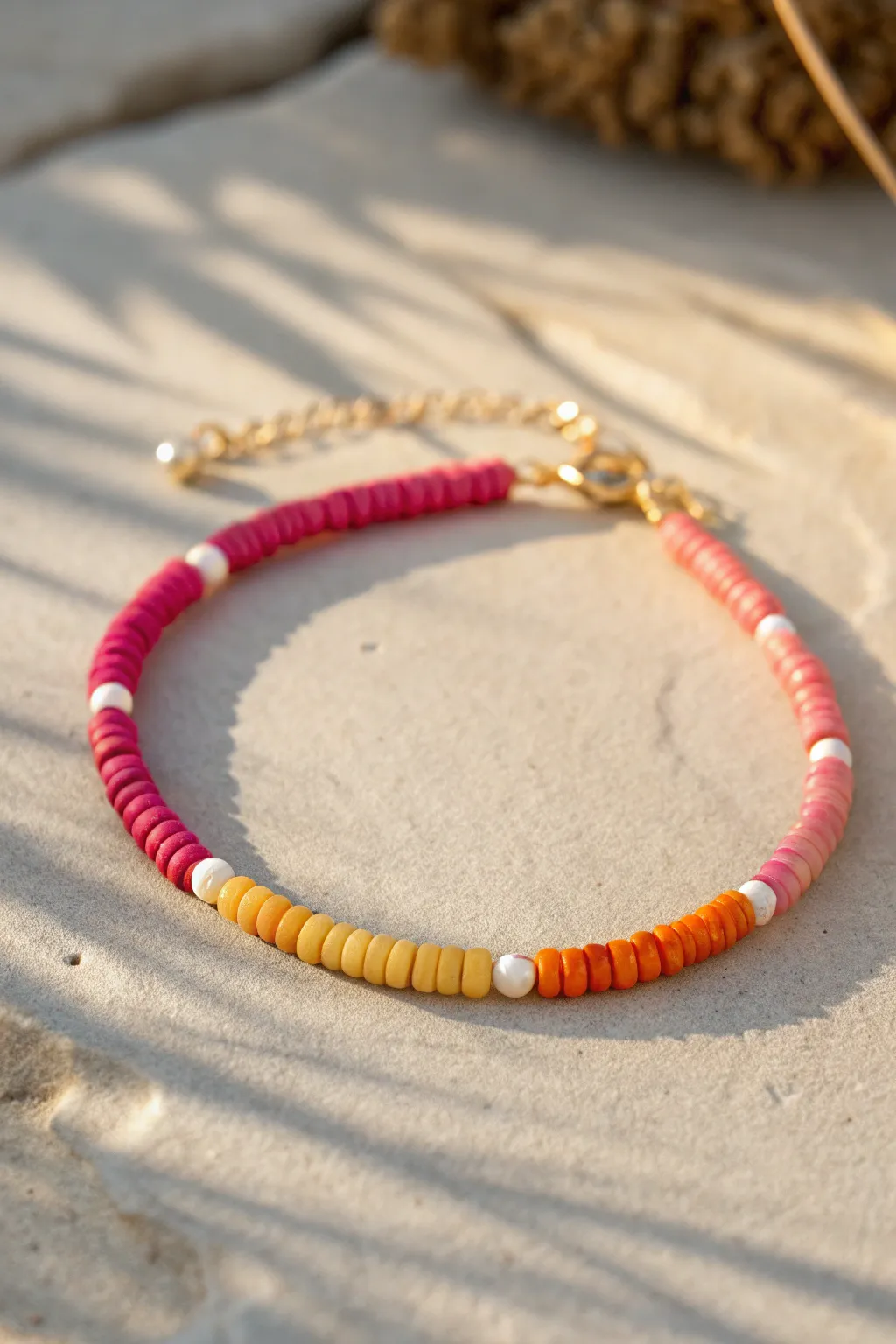 Sunset ombré heishi bracelet fading from hot pink to golden yellow with airy white speckles