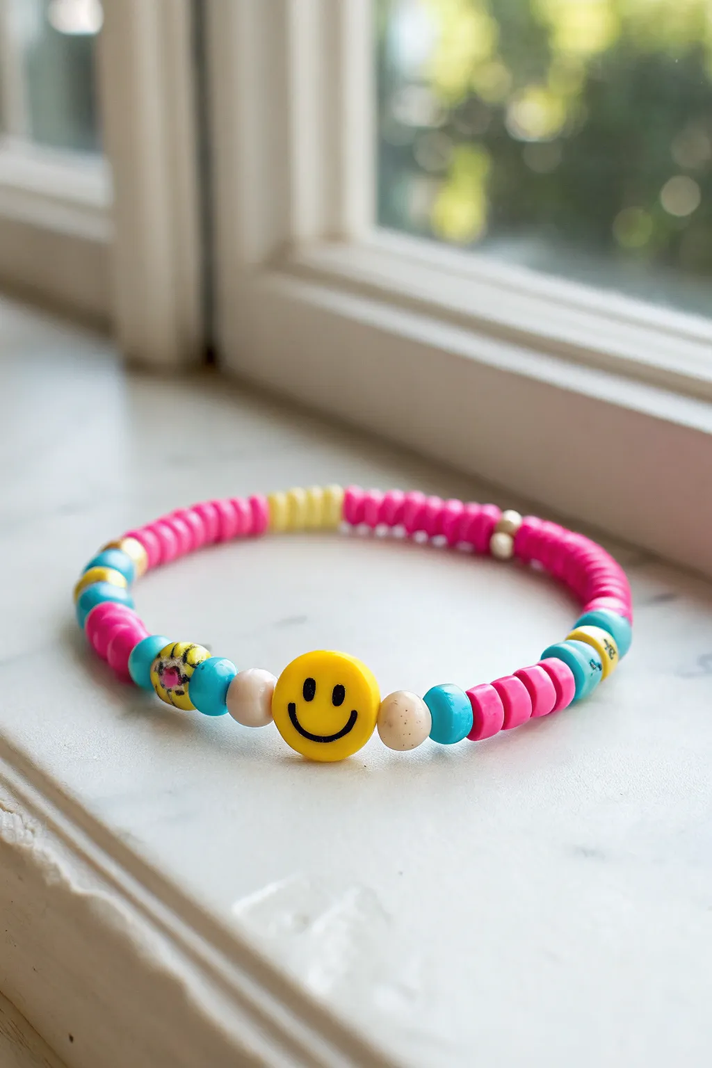 Preppy clay bracelet with a bold smiley center bead and happy heishi colors for instant cheer.