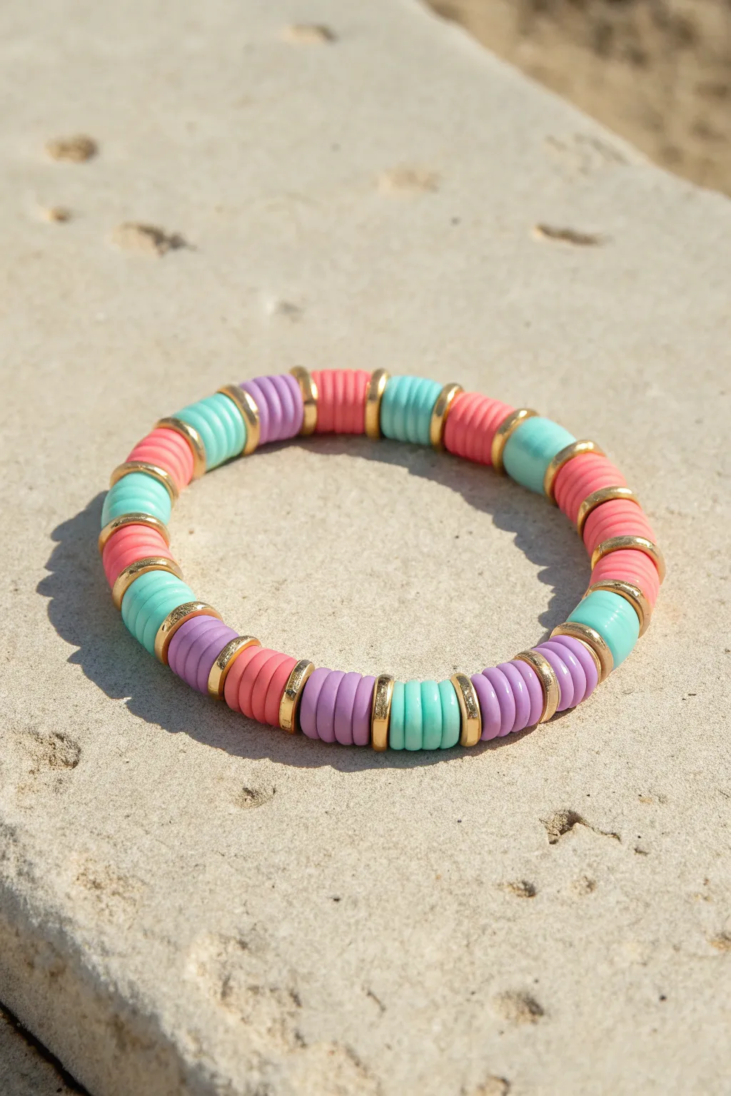 Preppy clay bead bracelet with coral, lavender, aqua blocks and slim gold spacer lines