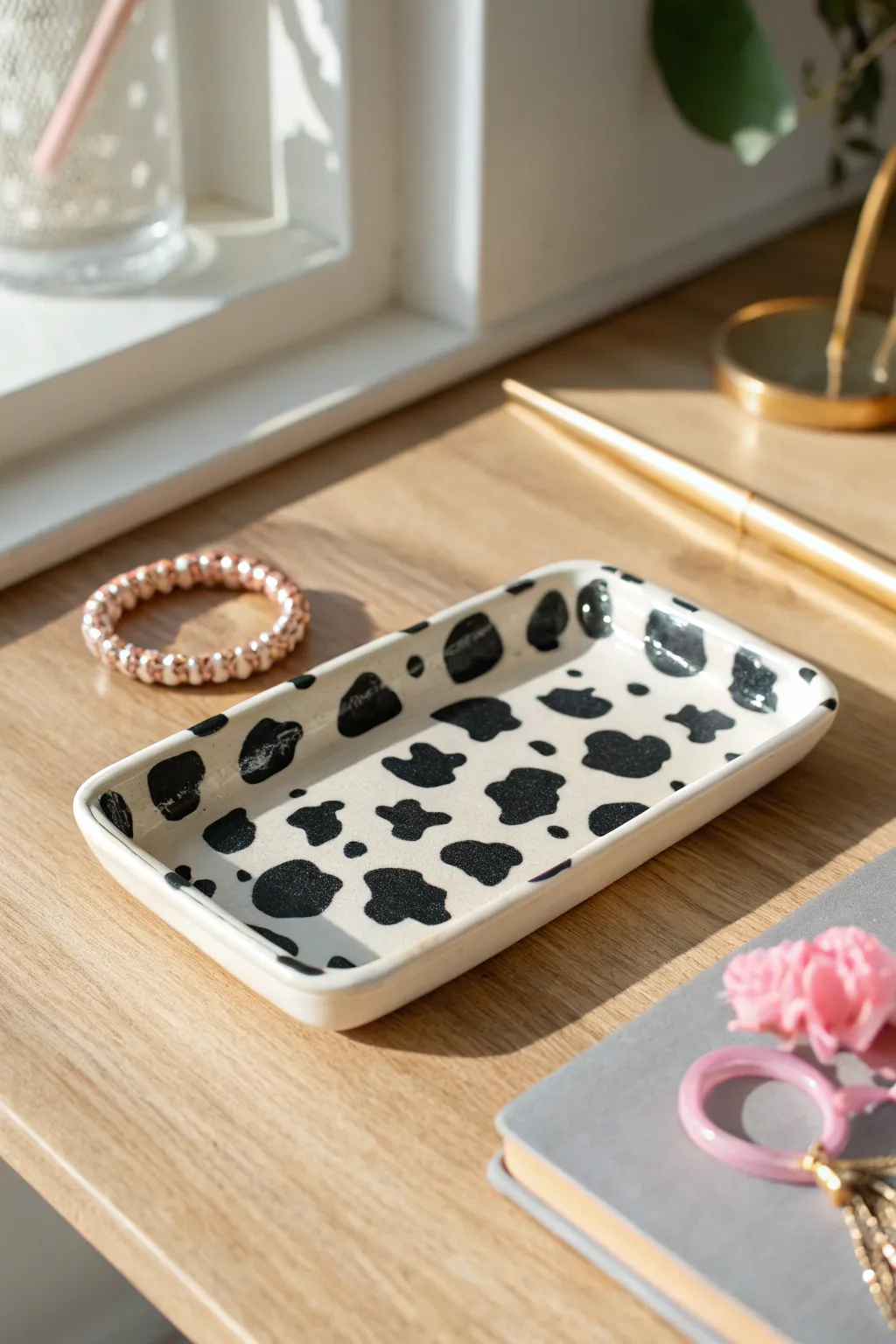 Preppy cow print mini tray in clay, styled with a bracelet and scrunchie on a clean desk.