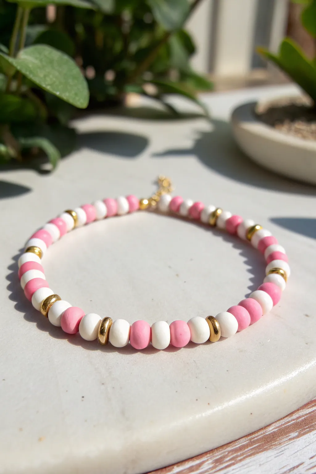 Simple alternating stripes in pink, white, and gold for a preppy clay bead bracelet look
