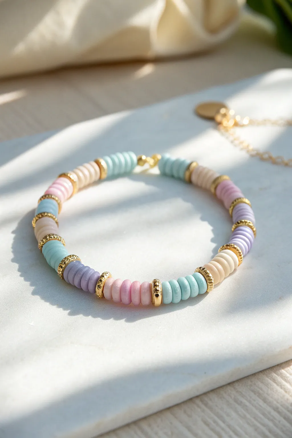 Pastel sorbet heishi bracelet with gold spacers, clean Scandinavian styling and soft shadows