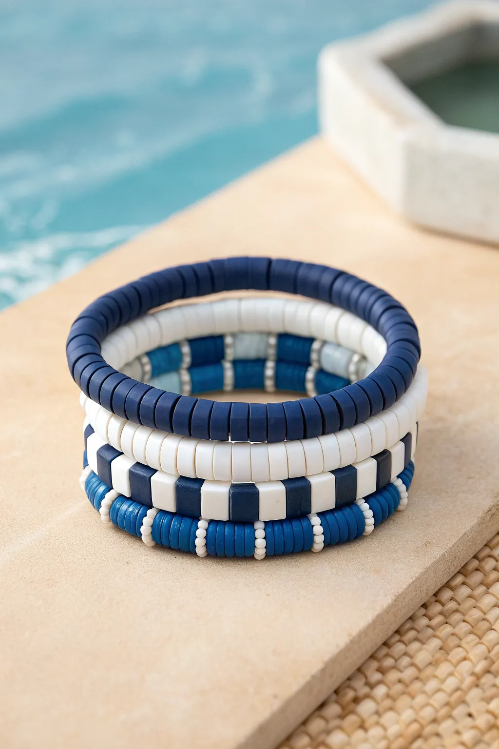 Nautical blues and crisp whites: an easy preppy heishi stack for beachy bracelet vibes.