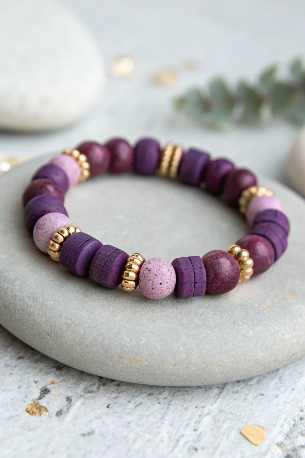 Chunky purple clay beads with sleek metallic spacers for a modern boho color-block look.