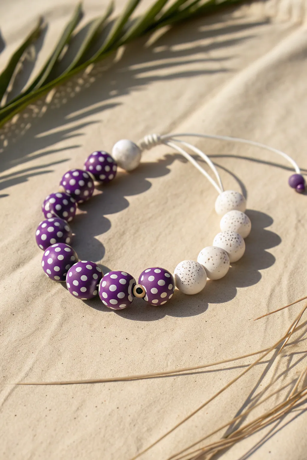 Purple and white pop pattern bracelet: three purple beads, one white bead, bold and minimal.