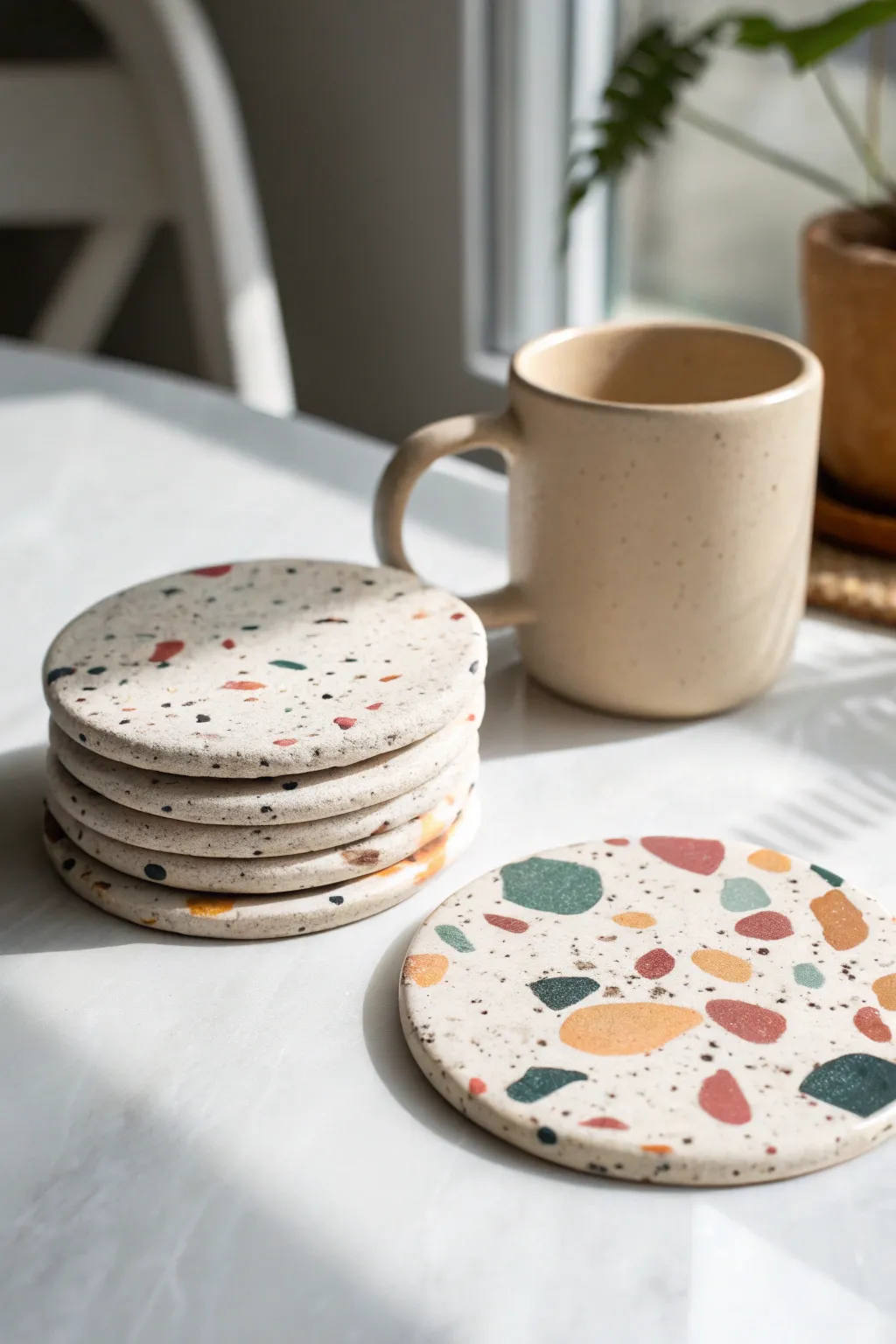 Terrazzo quick-dry clay coasters with bold color and calm Scandinavian charm for your table.