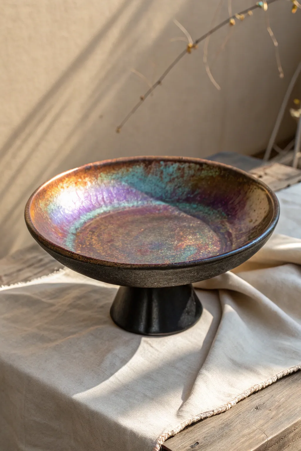 Iridescent raku platter with rainbow luster and smoky edges, minimalist pedestal styling.