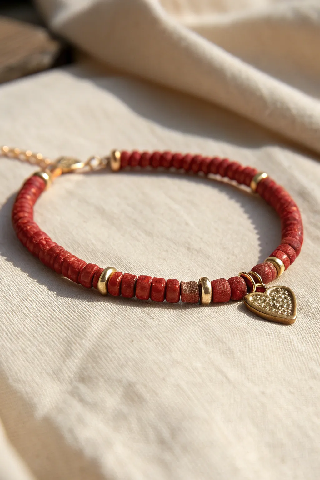 Minimal red clay heishi bracelet with heart centerpiece, simple metallic spacers, bold and sweet.