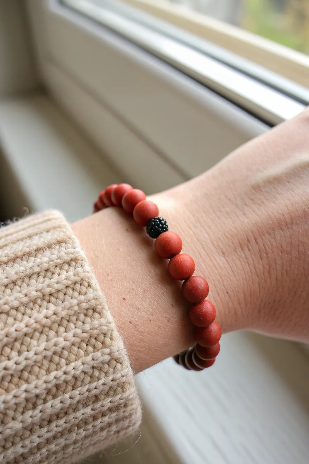 Red clay bead bracelet with a slim black accent, minimal and bold on a cozy neutral cuff.