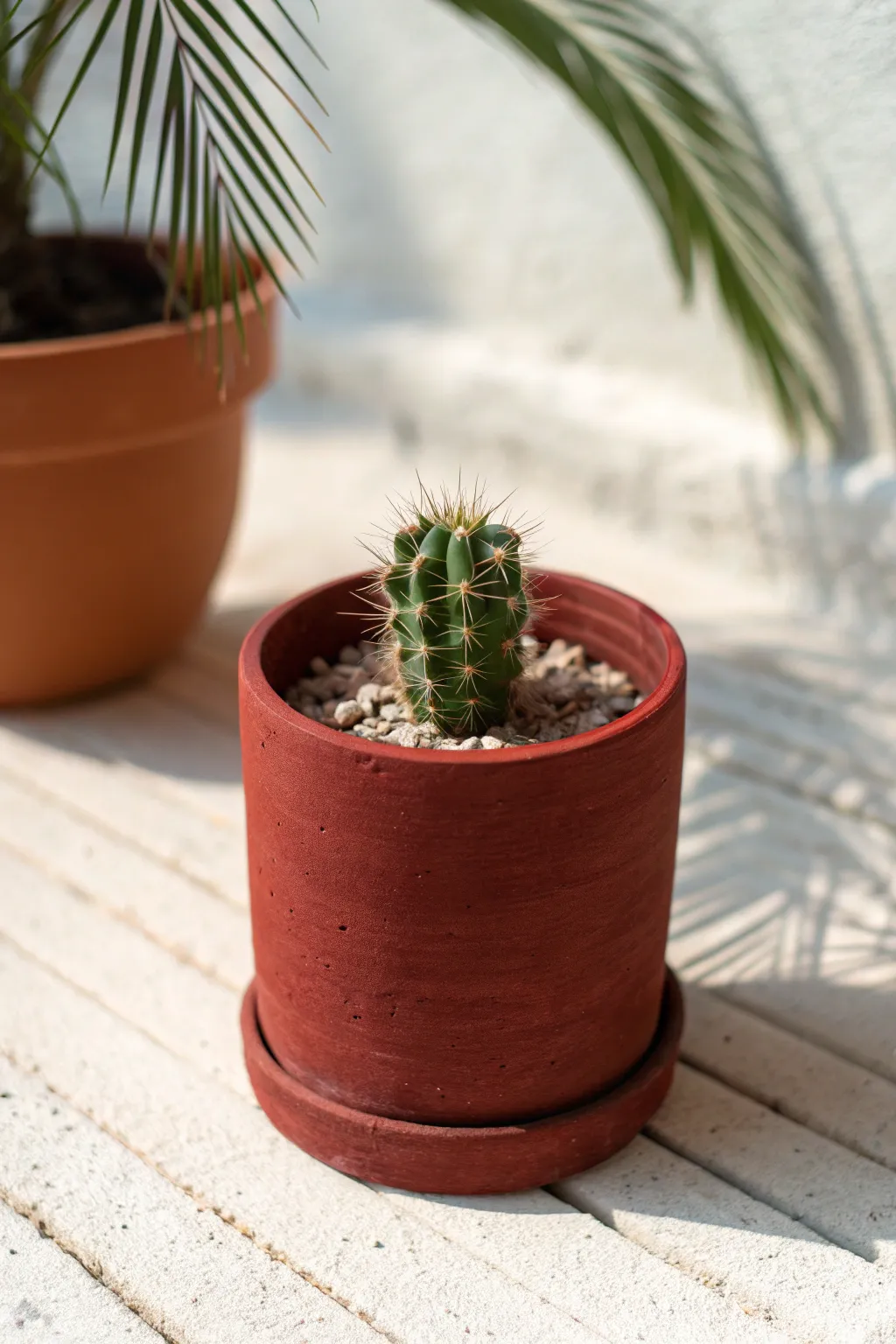 Mini red clay terracotta planter with a bright succulent, simple shape, big color contrast.