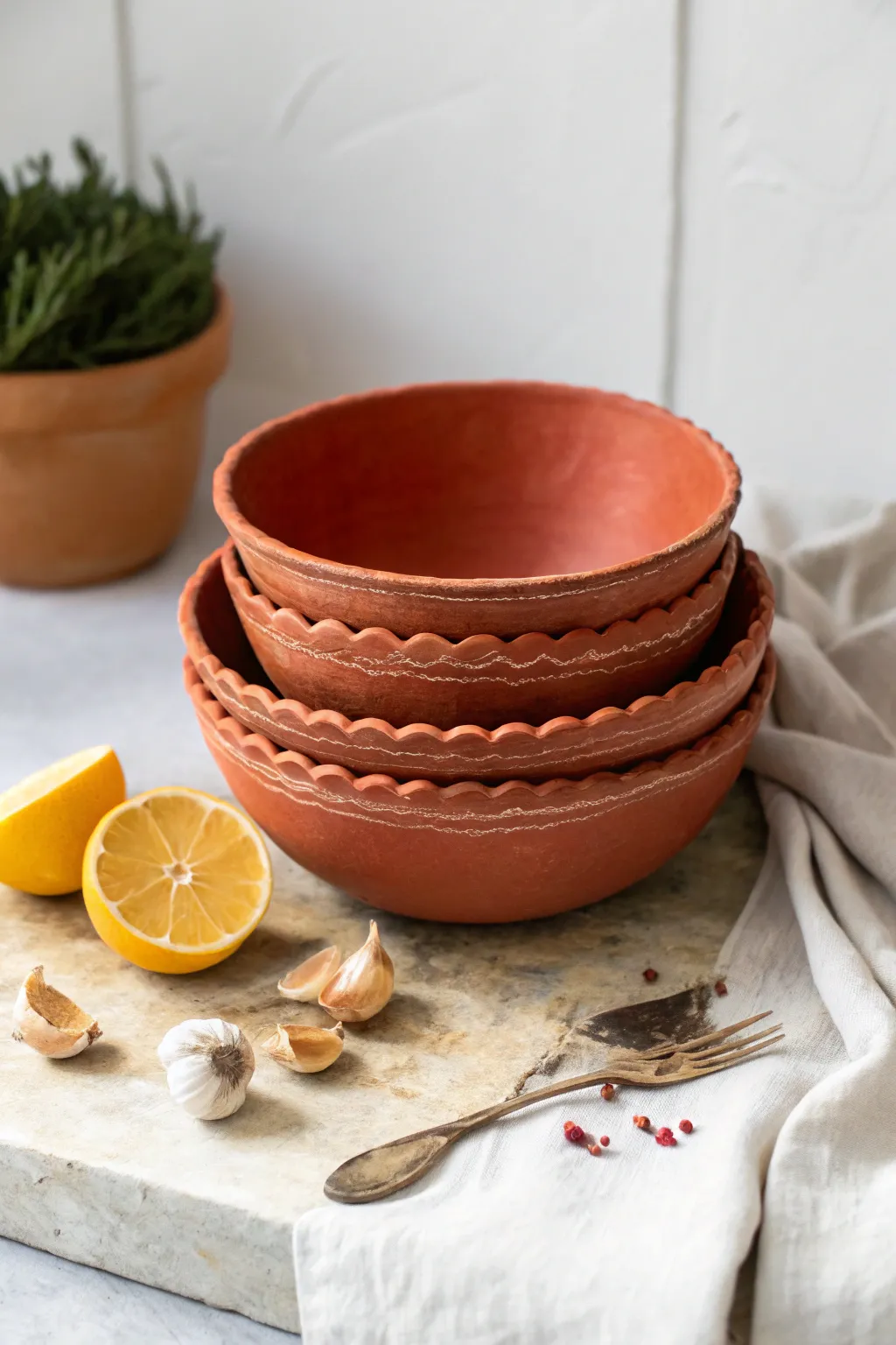 Terracotta nesting bowls with wavy pinched rims, styled with citrus for warm minimalist charm.