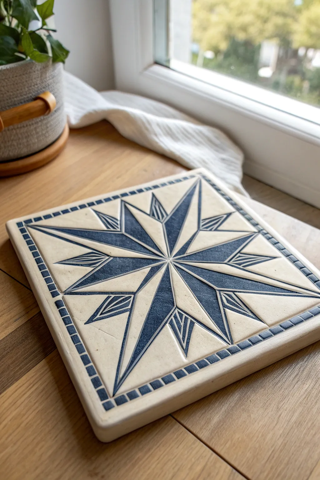 Bold starburst relief tile in two-tone glaze, minimalist yet boho, perfect for modern pottery walls.