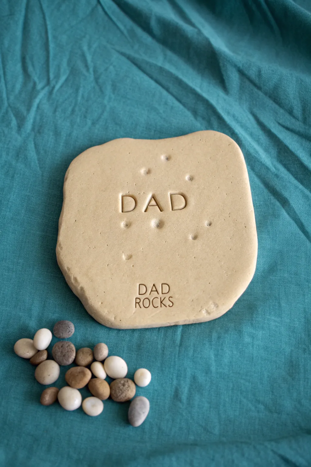 Salt dough Dad Rocks plaque with pebble lettering, a simple handmade Fathers Day keepsake.