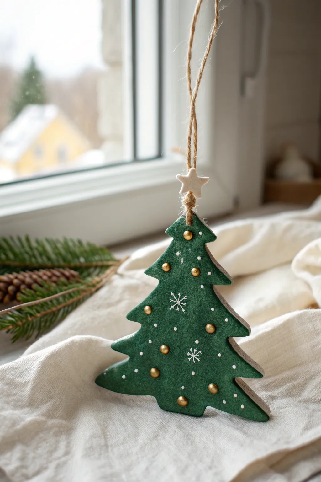 Sweet baby footprint tree ornament in green salt dough, dotted lights, twine hanger, holiday keepsake