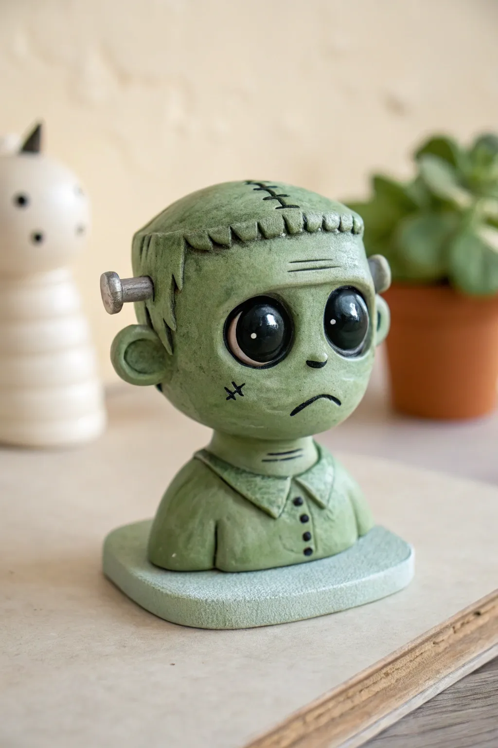 Cute Frankenstein mini bust in green clay, minimalist boho styling for spooky pottery inspiration