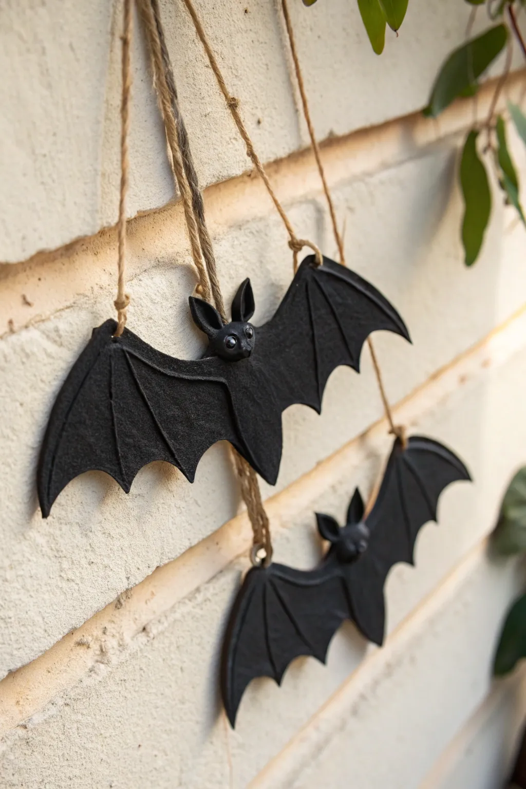 Matte black vampire bat wall hanging with raised details, minimalist spooky decor for Halloween.