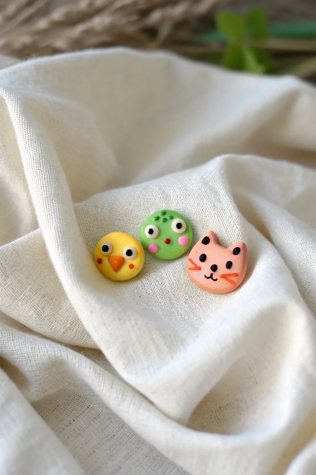 Adorable Sculpey animal face studs from simple shapes, bold colors, and rosy cheeks