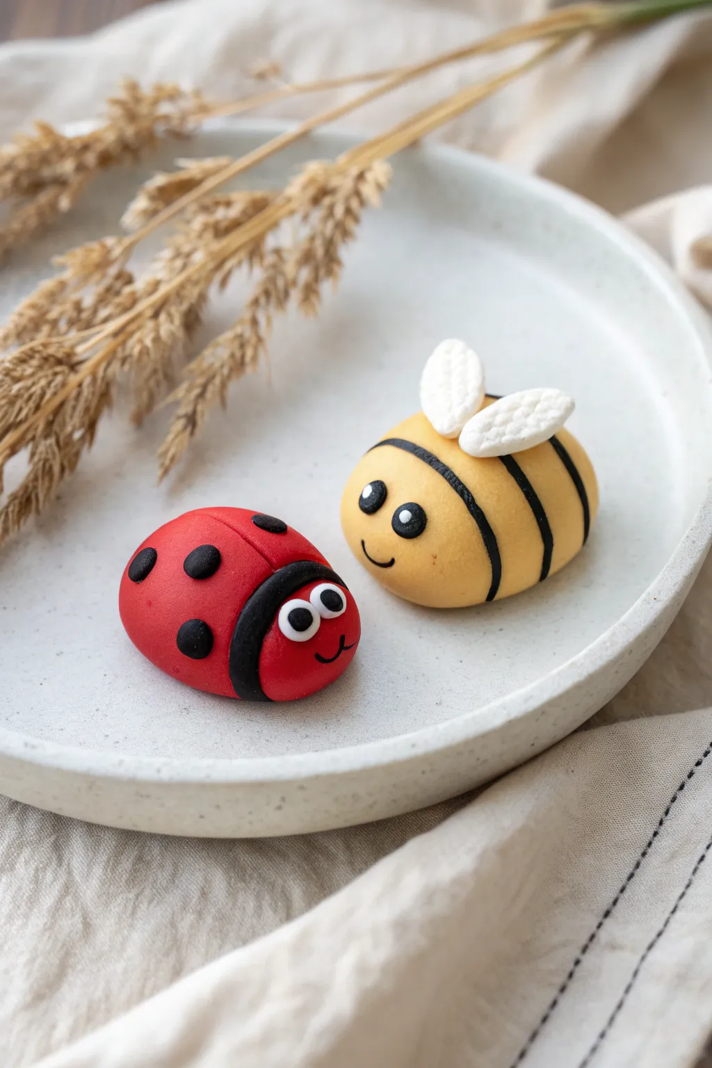 Beginner Sculpey charm: a bold ladybug and bee duo in clean Scandinavian style