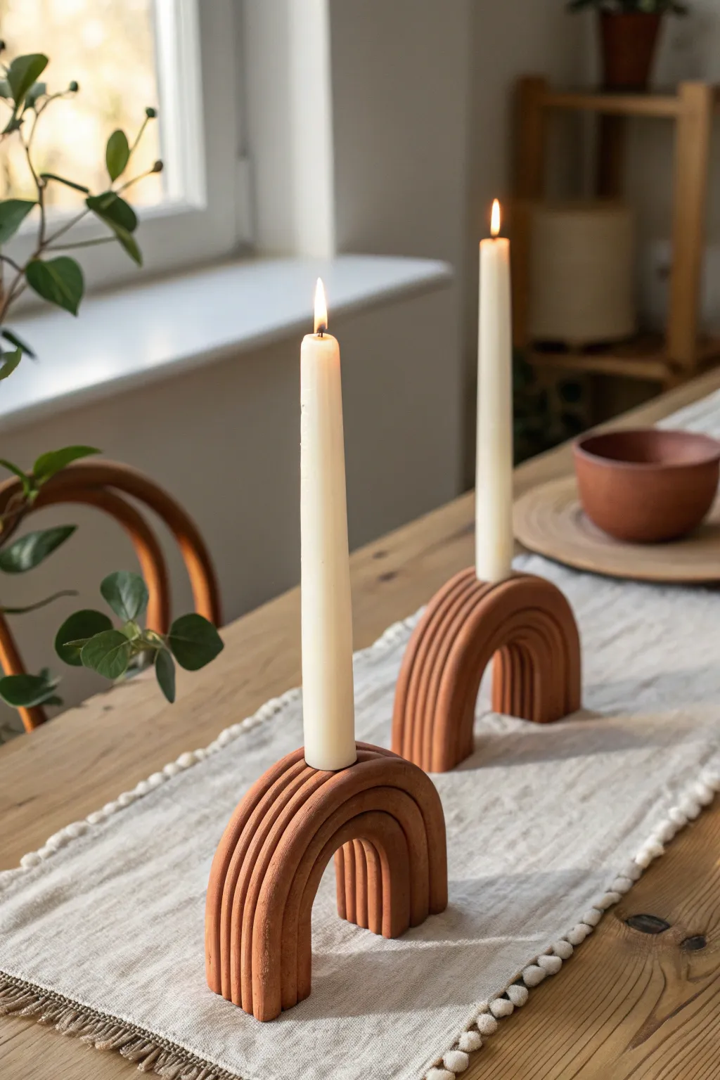 Sculptural arch clay candle holders with clean curves and cozy glow, simple yet striking