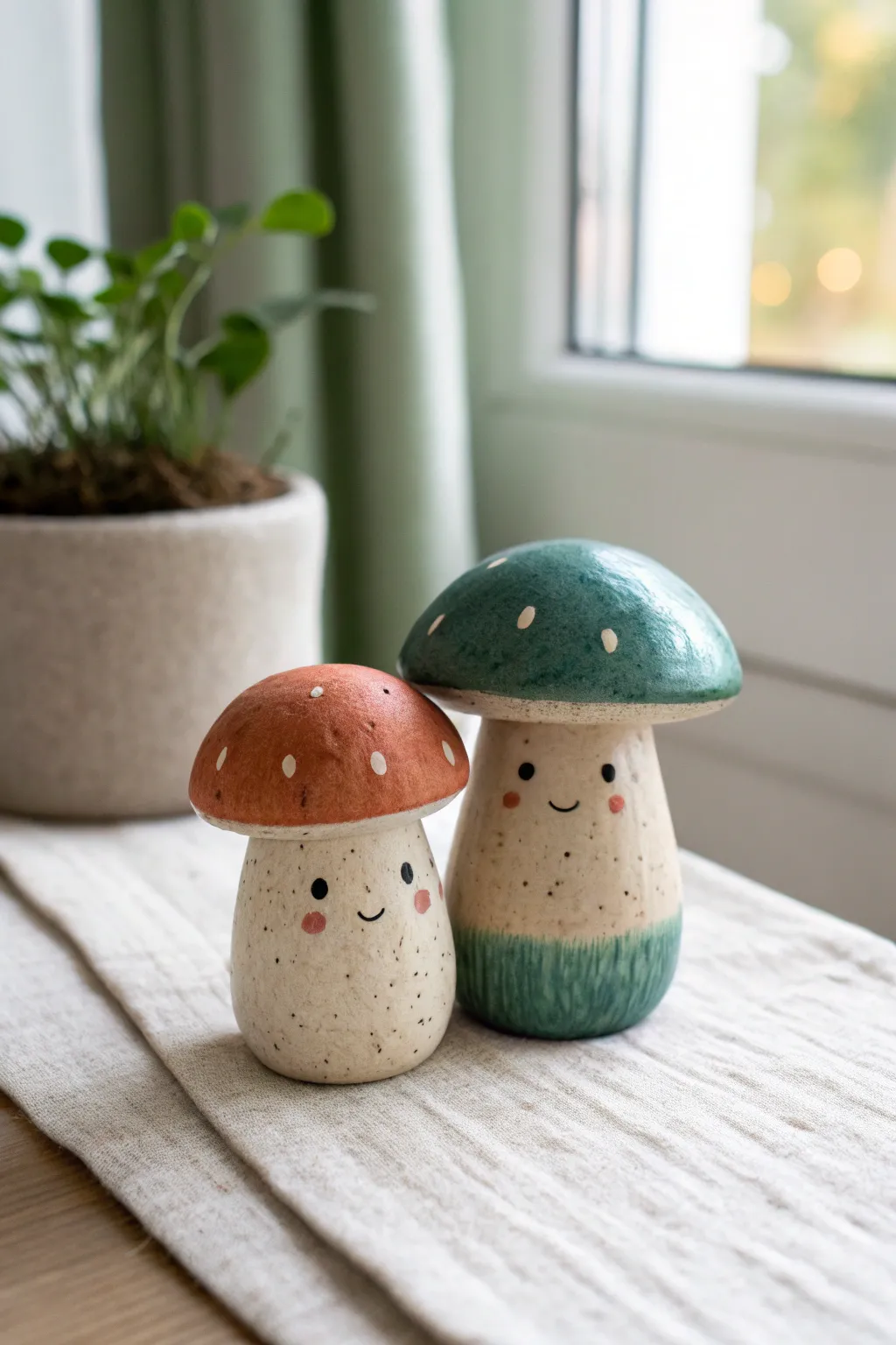 Sweet mushroom buddy duo sculpture in cozy forest tones, minimal styling, handmade charm.