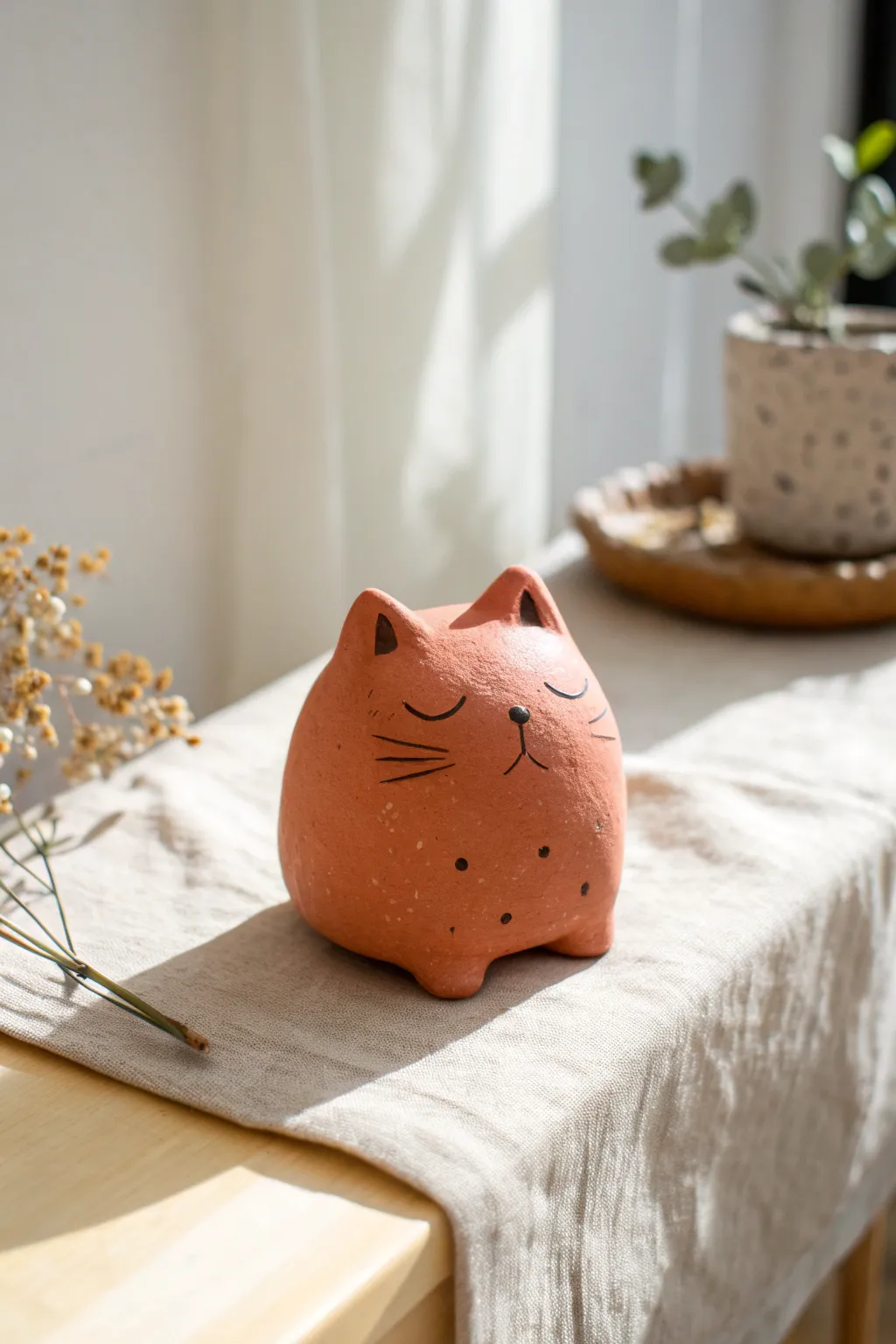 Easy cat loaf mini sculpture: minimalist clay cuteness in bold terracotta on a neutral table