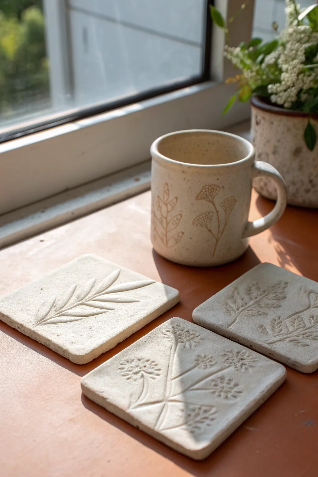 Minimal stamped clay coaster set in bold coral tones, stacked beside a creamy mug.