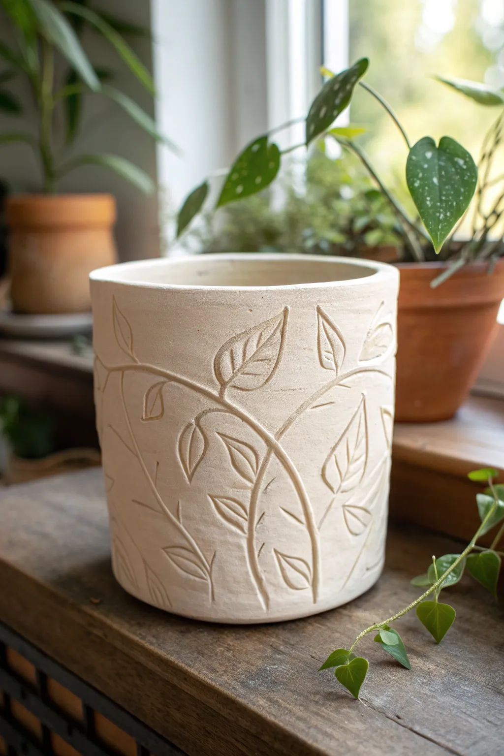 Leafy wraparound sgraffito vines on a simple two-tone planter that feels modern and handmade.