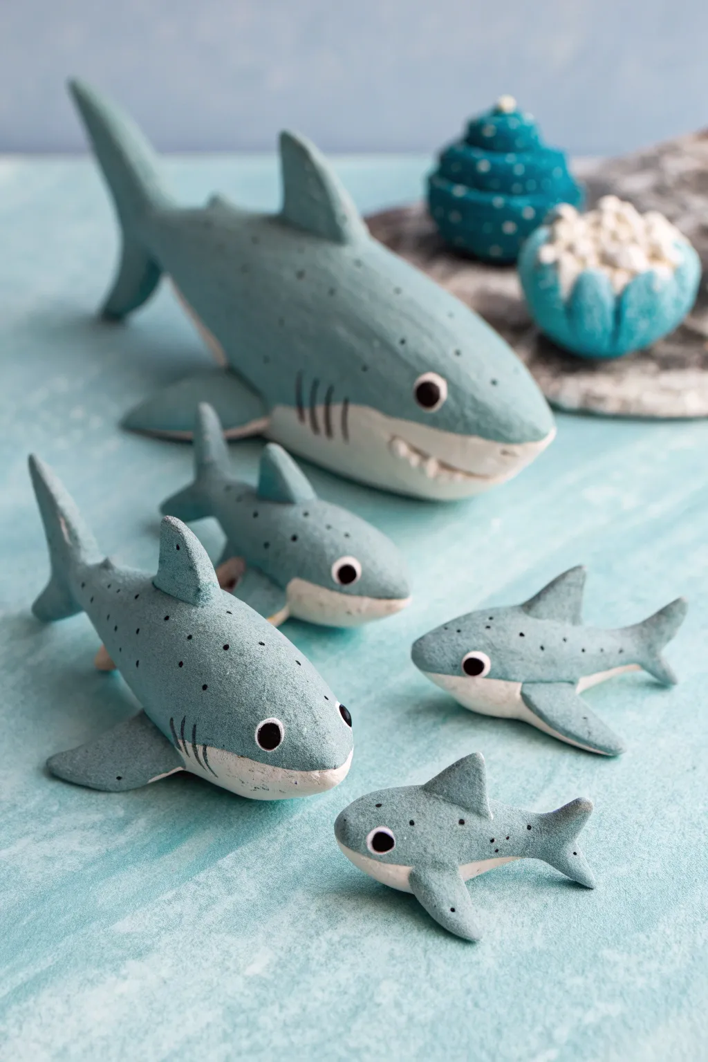 Mini clay shark family in calming blues and teals, minimalist and cute with bold contrast.