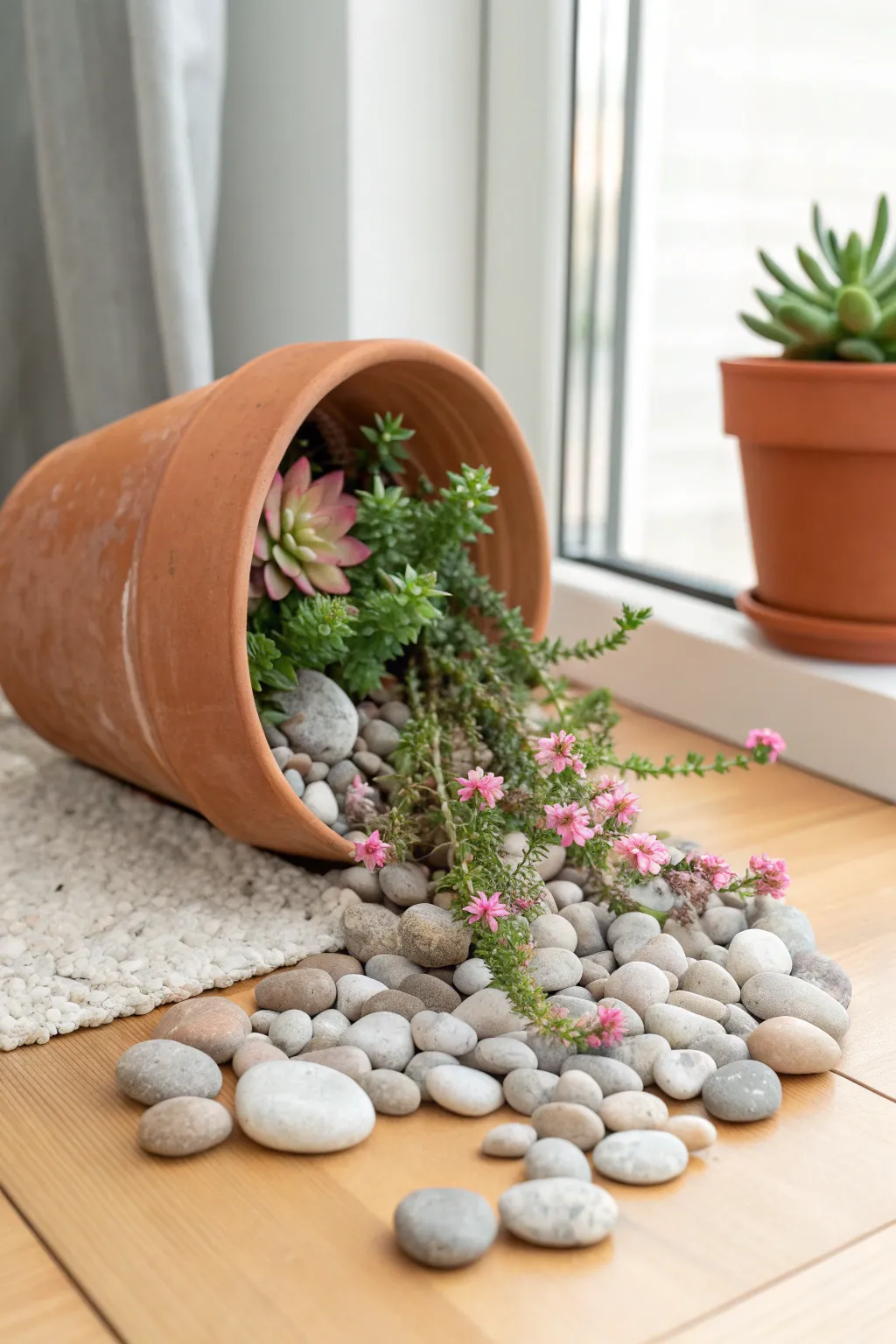 Sideways terracotta planter spilling greenery into a river rock stream border, simple and chic