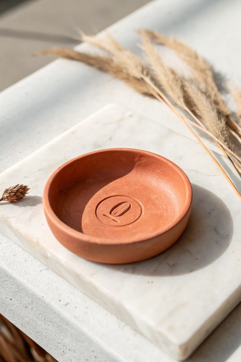 Stamped initial jewelry dish in air-dry clay, simple rounded lip, minimal Scandinavian-boho styling.