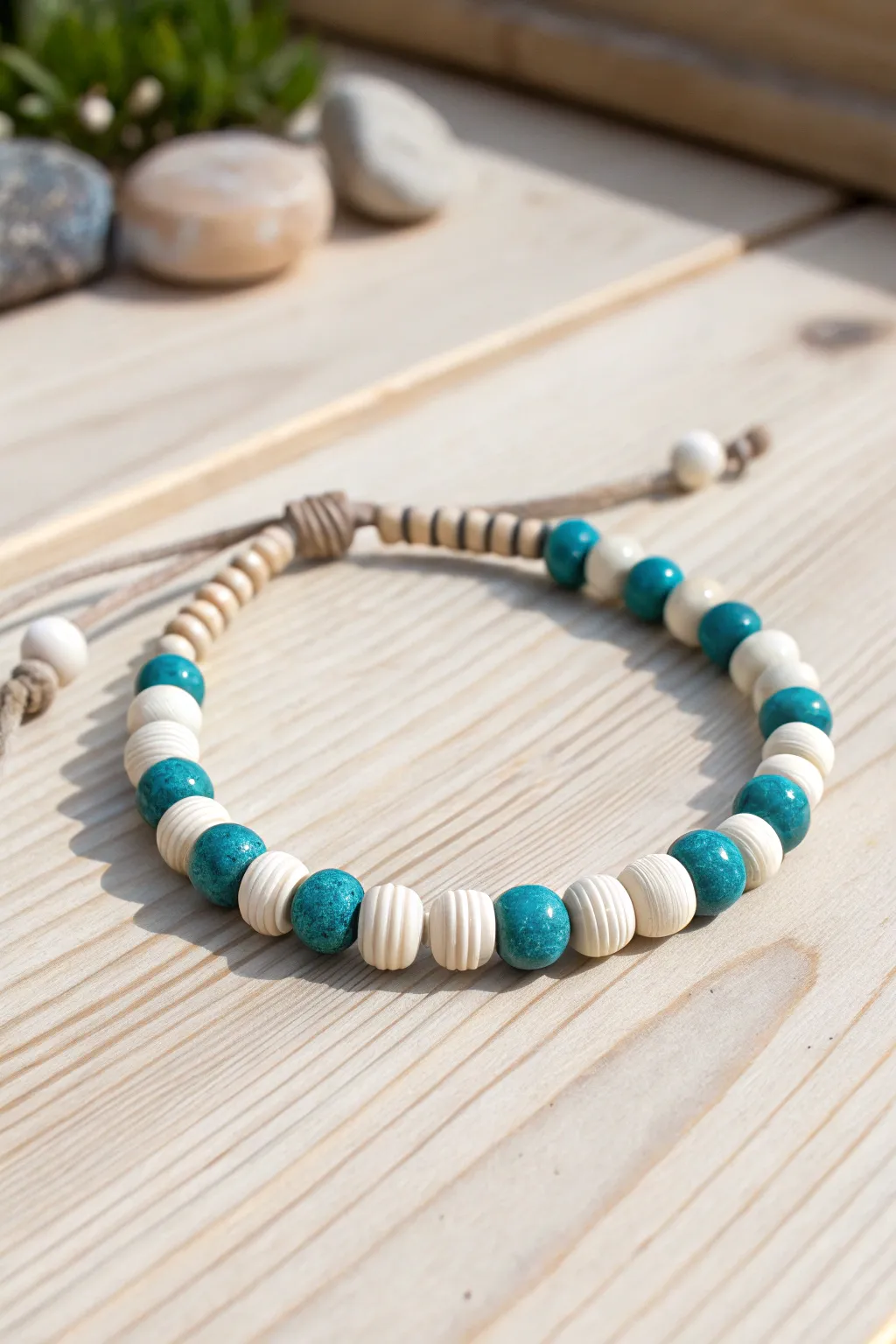 Easy two-color stripe clay bead bracelet in off-white and teal, simple, modern, and handmade.