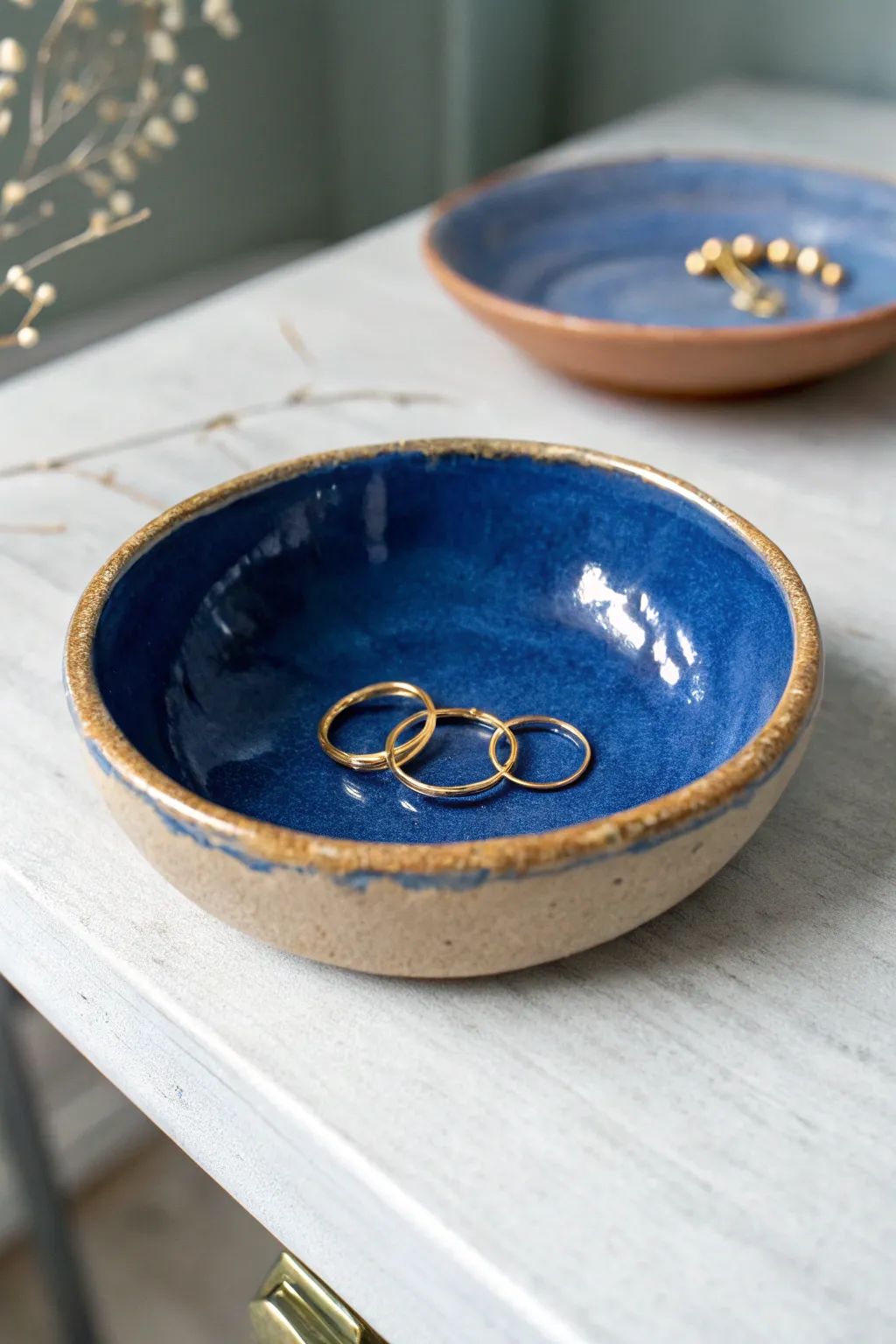 Easy slab circle trinket bowl in bold cobalt glaze, ideal for earrings and small daily treasures.