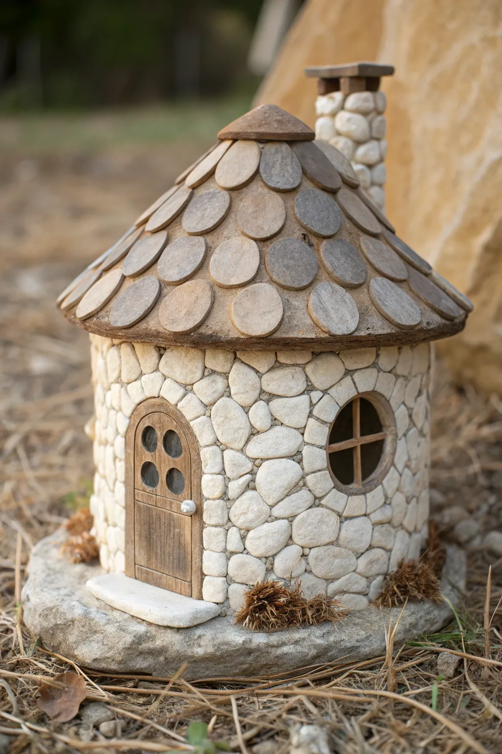 Stone cottage clay fairy house with pebble texture walls and a dark roof, minimalist boho charm
