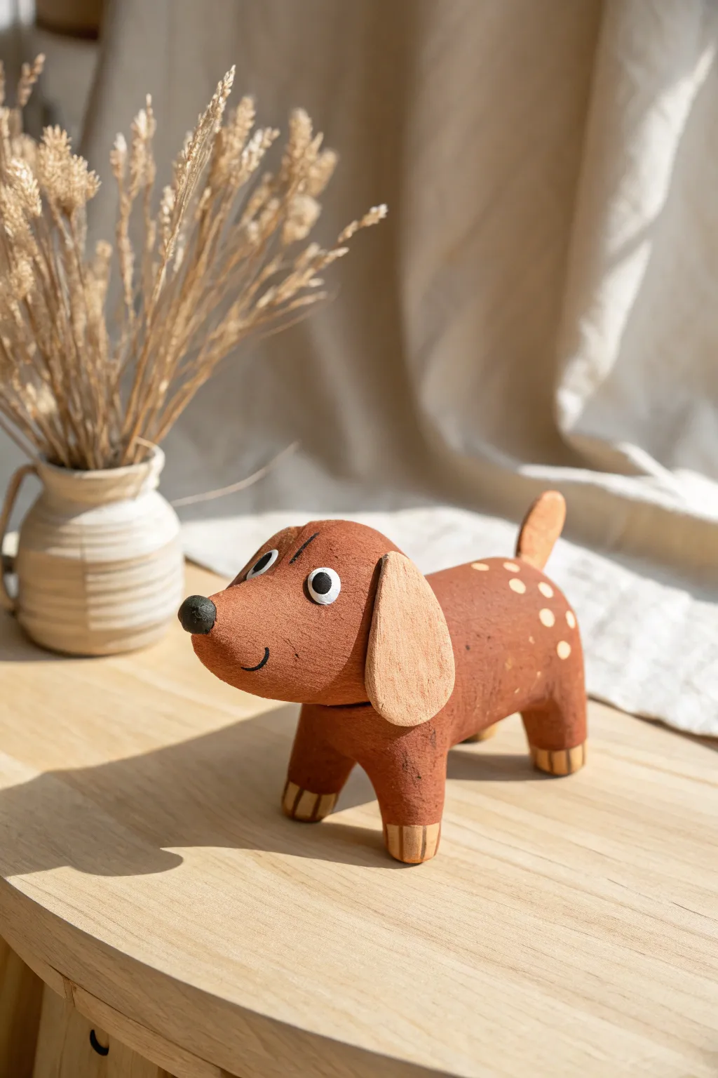 Cute sausage-leg puppy clay figure with coil legs and floppy ears, minimalist boho vibe.