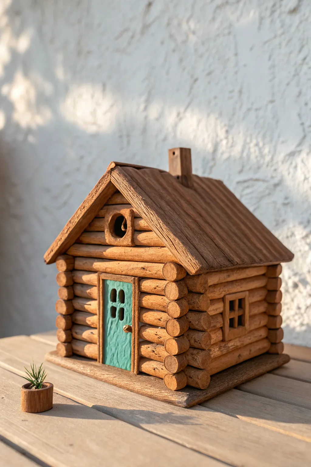 Beginner-friendly coil log cabin mini house, warm brown clay with a bold teal door and clean lines.