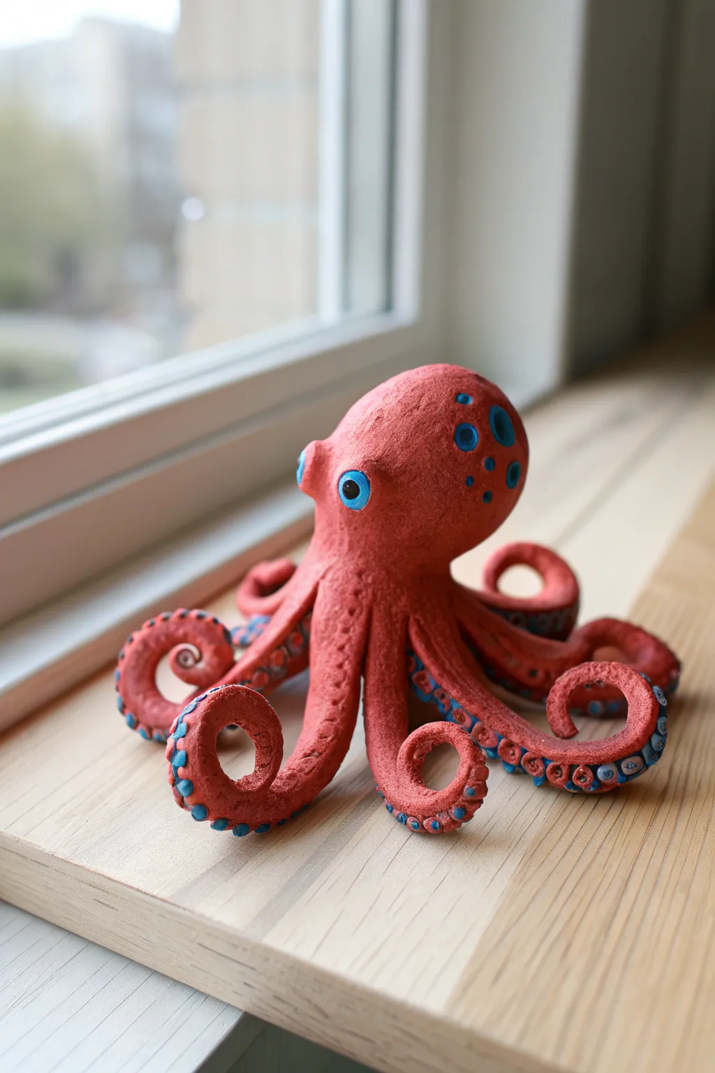 A bright, palm-sized clay octopus buddy with dot eyes, minimalist style and bold color pop.
