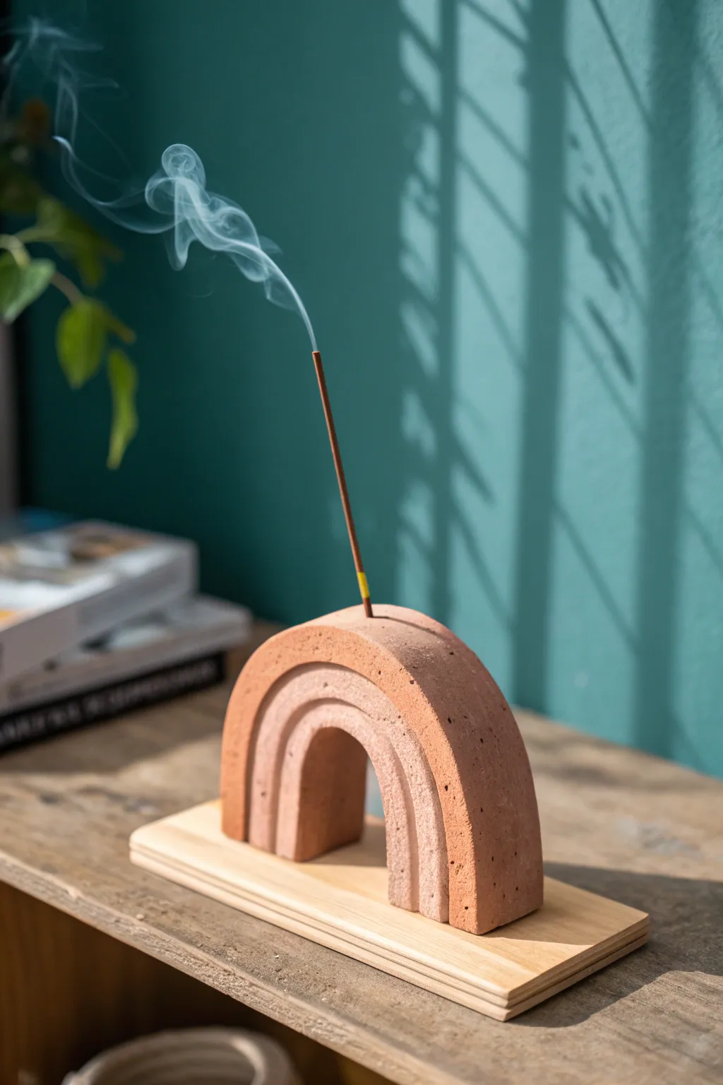Modern terracotta clay arch incense holder on an oak shelf, bold teal backdrop, calm boho minimalism.
