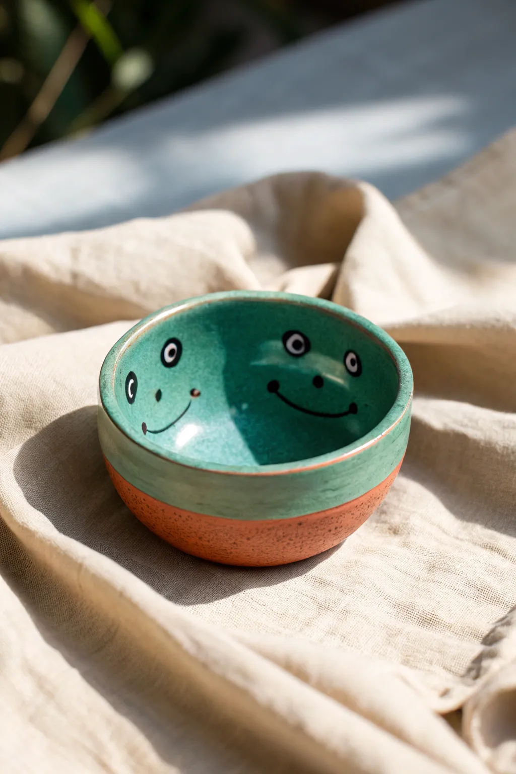 Sweet frog pinch pot with dot eyes in bold teal, a simple kids clay project with cozy Scandi style.